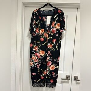 BloomChic Black Midi Dress with Orange & Pink Floral Print